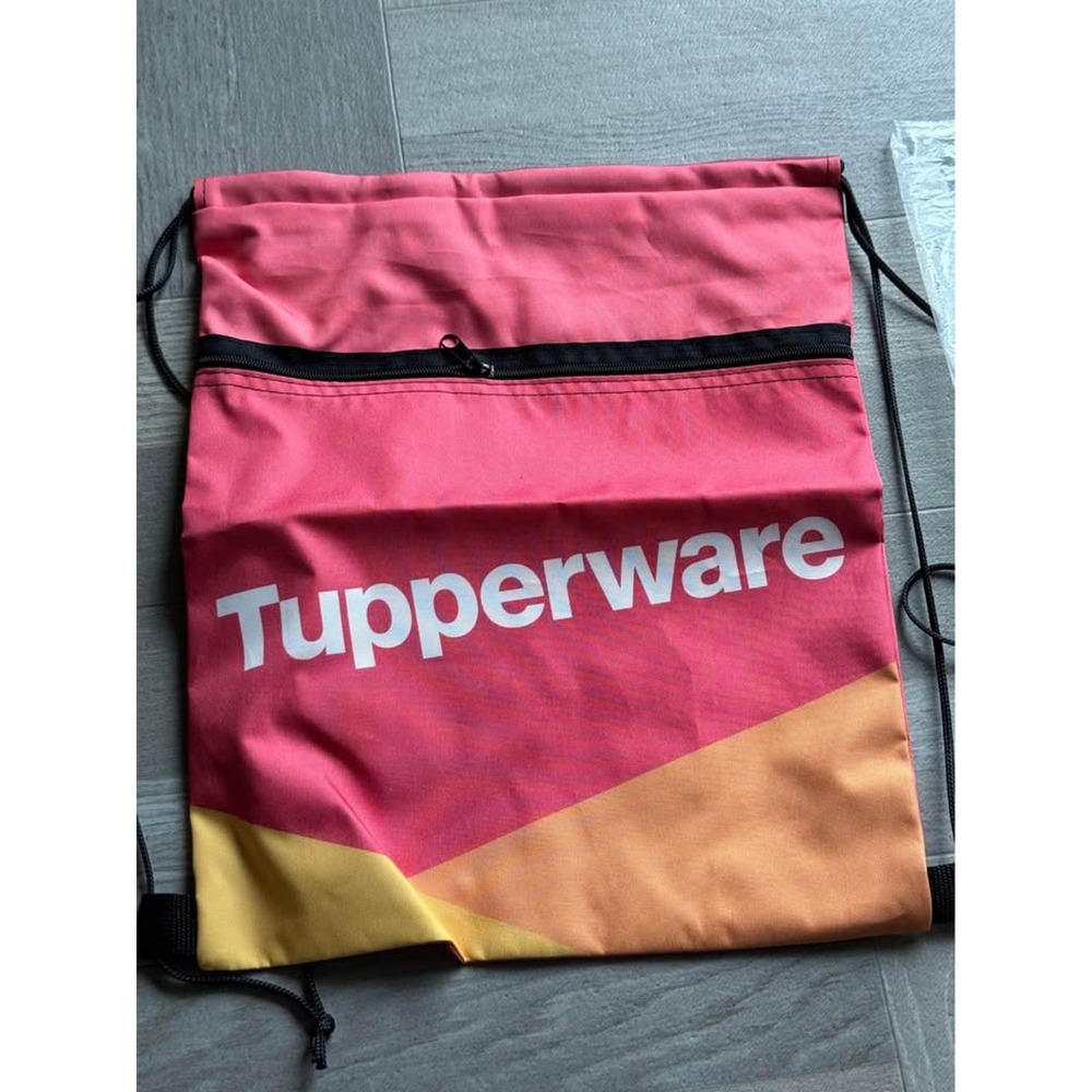 Tupperware 2020 TW Logo Drawstring Backpack Bag Coral Yellow Colorblock